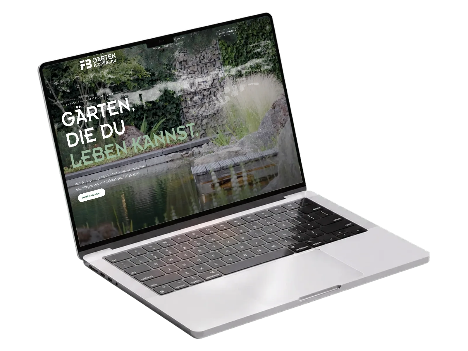 Silbernes MacBook mit der Startseite von FB Gartenarchitektur auf dem Display